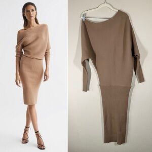 REISS Lara Dress Off-the-Shoulder Ribbed Knit Camel Minimalist Midi Cocktail XS